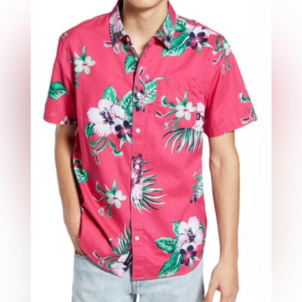 NWOT Vans Off The Wall Venus Fly Trap Floral pink  Hawaiian Button Shirt Size L